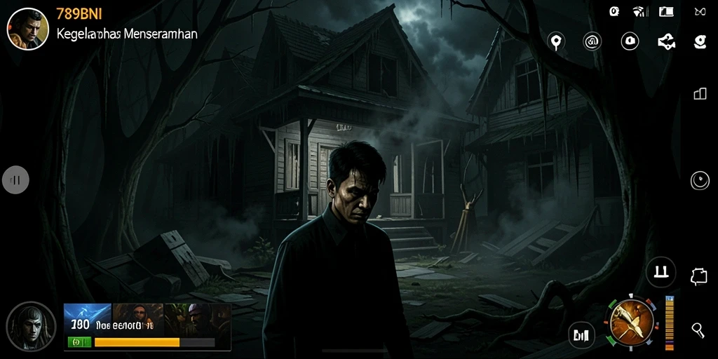 Tangkapan layar dari gameplay 789BNI menampilkan suasana horor yang gelap dan mencekam.