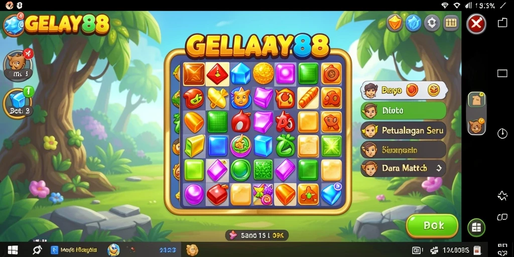 Screenshot menunjukkan gameplay seru GELAY88 saat mencocokkan item Match-3.