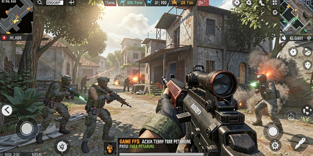 Screenshot gameplay INDORP menampilkan aksi tembak-menembak yang intens.
