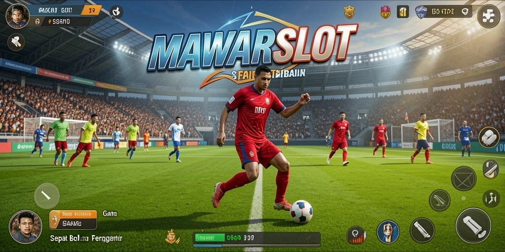 Screenshot gameplay <strong>MAWARSLOT</strong> menampilkan aksi seru di lapangan sepak bola.