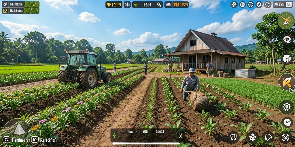 Screenshot dari gameplay NET29 yang menunjukkan aktivitas bertani yang seru.