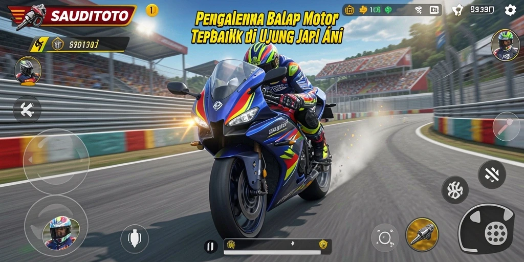 Tampilan gameplay SAUDITOTO yang menakjubkan dengan balapan motor cepat.